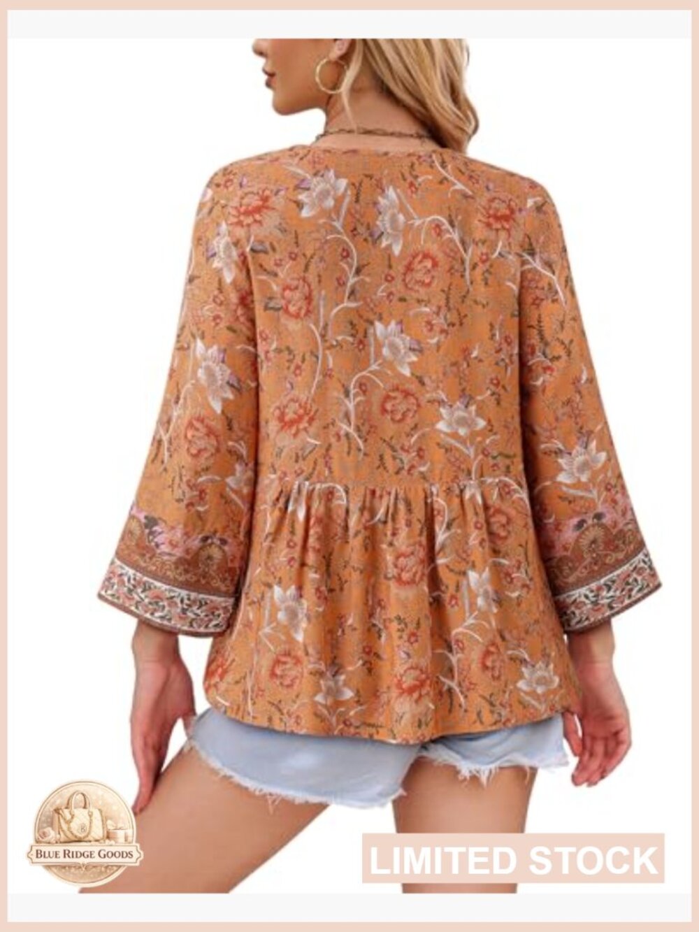 Boho Floral Print V-Neck Blouse 3/4 Sleeve Tie Front Casual Top - Picture 3 of 5
